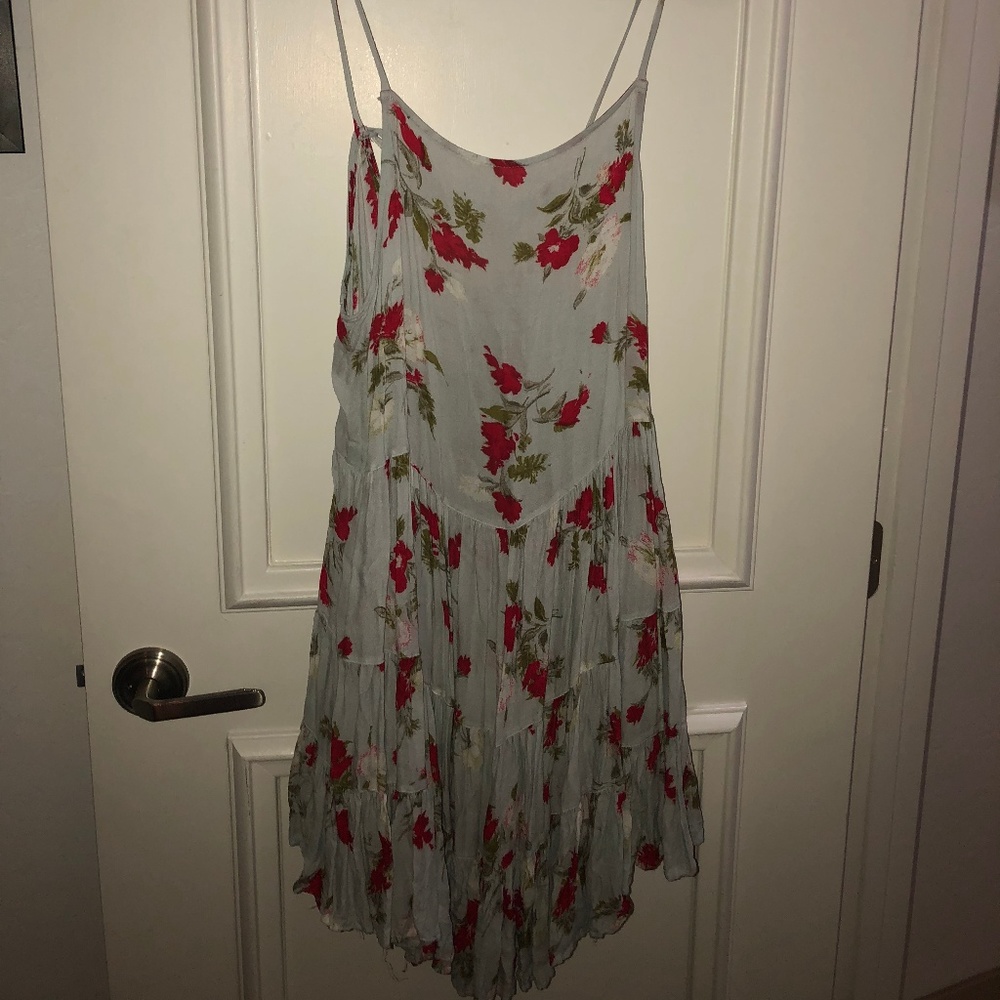 Free People Floral Mini Dress in Light Blue with Red Flowers
